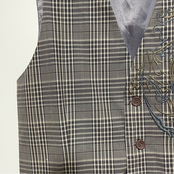 Johnny Max mens vest, grey plaid with embroidered overlay. Working pockets. Med - Picture 3 of 7